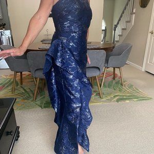 COPY - Rickie Freeman for Teri Jon Metallic Jacquard One-Shoulder Side-Ruffle G…